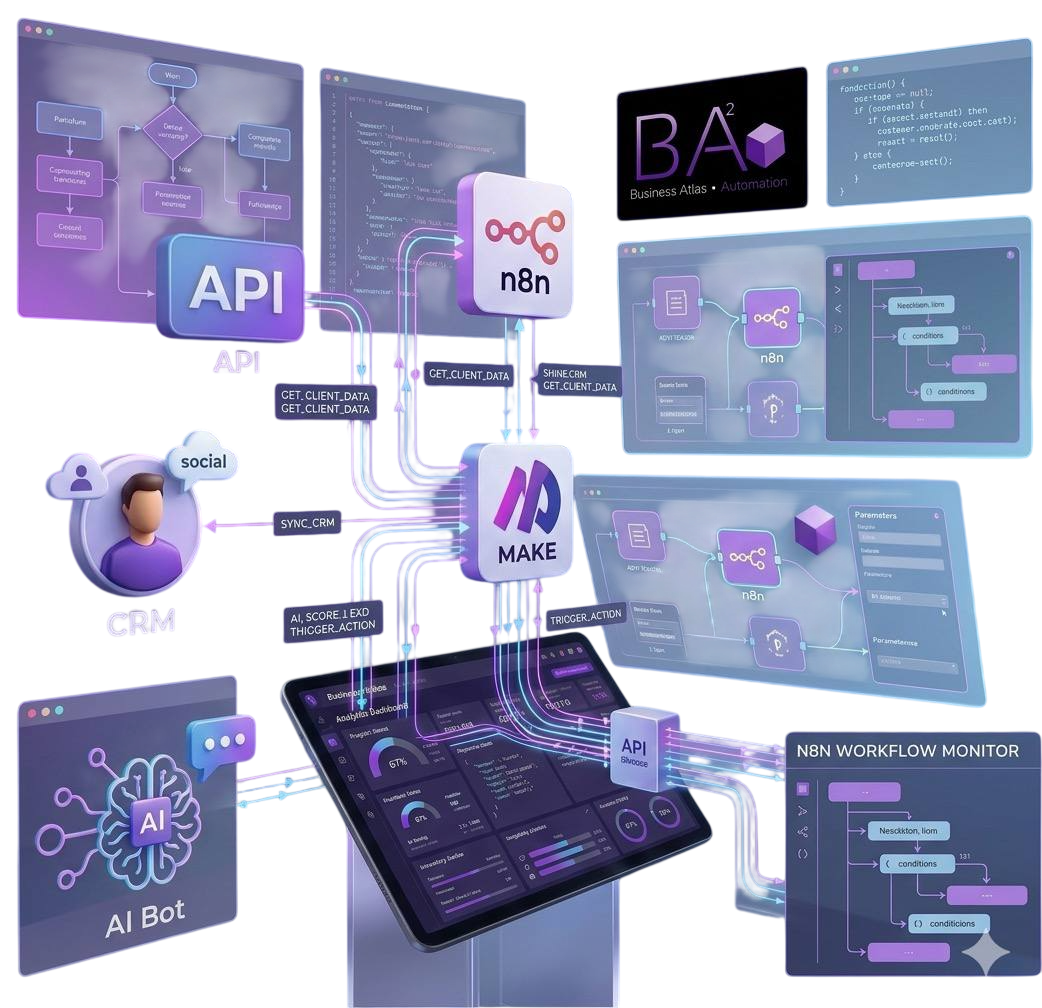 Business Atlas Automation — екосистема інтеграцій: n8n, Make, API