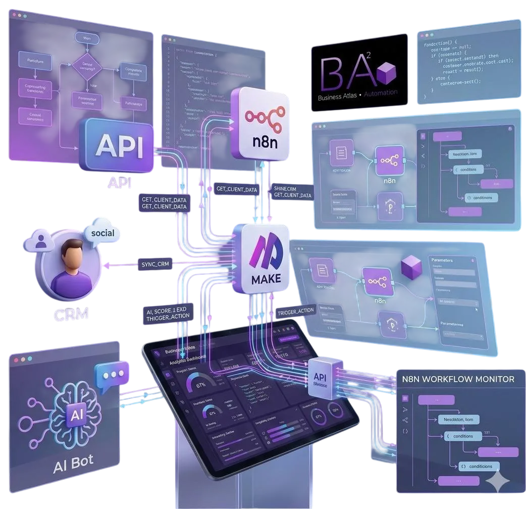 Business Atlas Automation — екосистема інтеграцій: n8n, Make, API